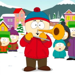 A cartoon character resembling Eric Cartman from South Park, confidently playing a trombone