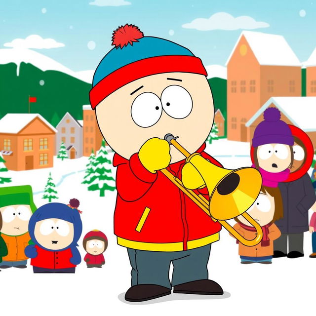 A cartoon character resembling Eric Cartman from South Park, confidently playing a trombone