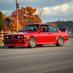 A sporty four-door red BMW E30 with a super shiny body, perfectly prepared for drifting