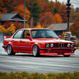 A sporty four-door red BMW E30 with a super shiny body, perfectly prepared for drifting