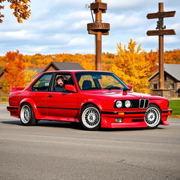 A sporty four-door red BMW E30 with a super shiny body, perfectly prepared for drifting