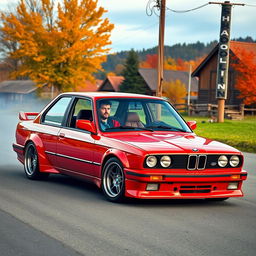 A sporty four-door red BMW E30 with a super shiny body, perfectly prepared for drifting