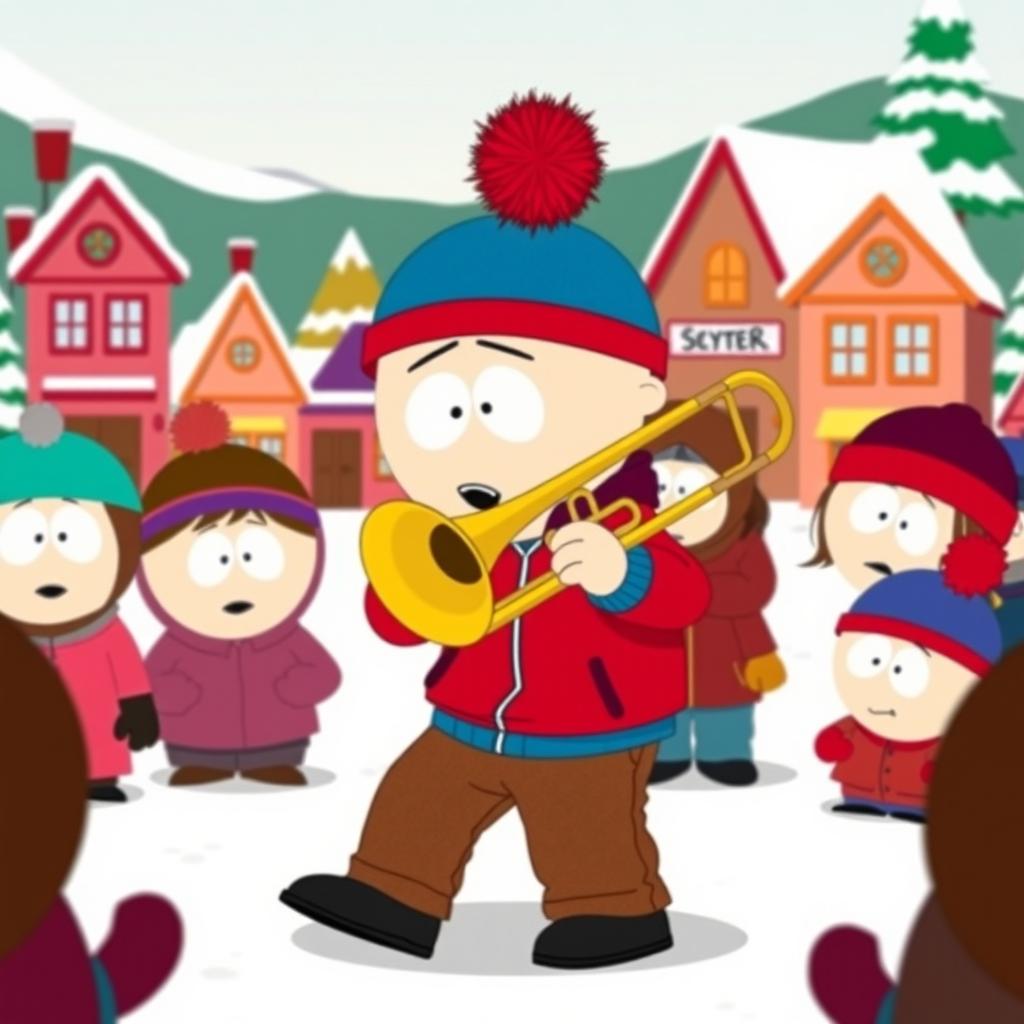 A cartoon character in the South Park style, resembling Stan Marsh, confidently playing a trombone