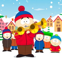 A cartoon character in the South Park style, resembling Stan Marsh, confidently playing a trombone