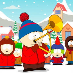 A cartoon character in the South Park style, resembling Stan Marsh, confidently playing a trombone