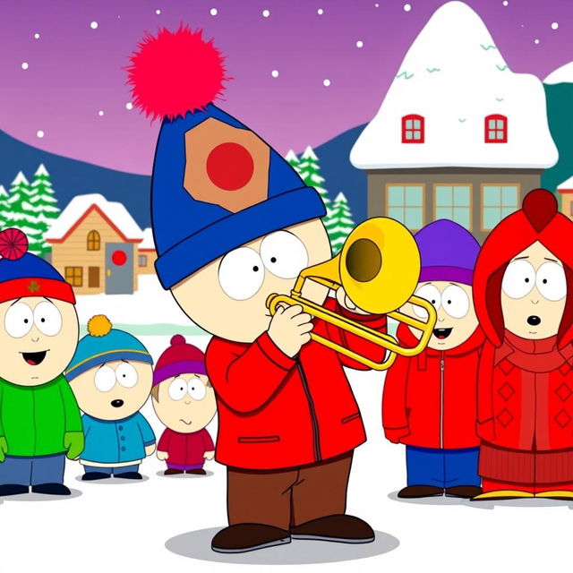 A cartoon character in the South Park style, resembling Stan Marsh, confidently playing a trombone