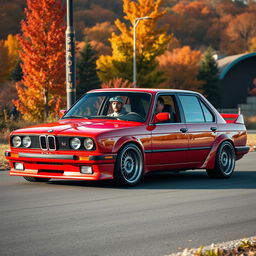 A sporty four-door red BMW E30 with a super shiny body, expertly prepared for drifting