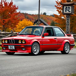 A sporty four-door red BMW E30 with a super shiny body, expertly prepared for drifting