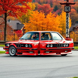 A sporty four-door red BMW E30 with a super shiny body, expertly prepared for drifting