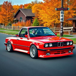 A sporty four-door red BMW E30 with a super shiny body, expertly prepared for drifting