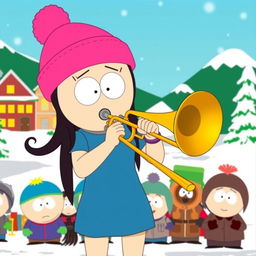 A cartoon character resembling Wendy Testaburger from South Park, skillfully playing a trombone