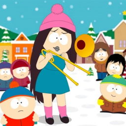 A cartoon character resembling Wendy Testaburger from South Park, skillfully playing a trombone