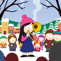 A cartoon character resembling Wendy Testaburger from South Park, skillfully playing a trombone