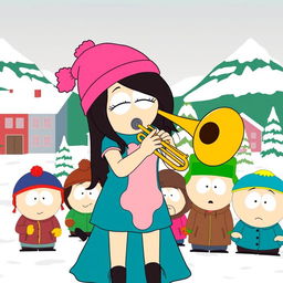 A cartoon character resembling Wendy Testaburger from South Park, skillfully playing a trombone