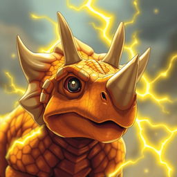 A close-up of a Triceratops with vibrant orange and yellow scales, showcasing its distinctive three horns and frill, surrounded by an aura of glowing yellow energy that represents its lightning abilities