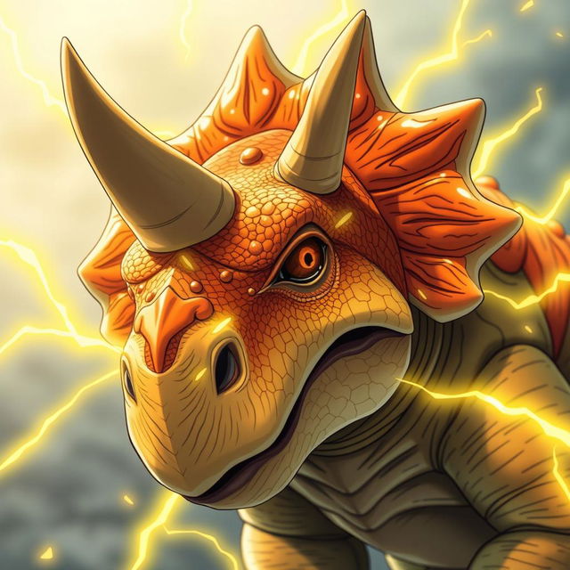 A close-up of a Triceratops with vibrant orange and yellow scales, showcasing its distinctive three horns and frill, surrounded by an aura of glowing yellow energy that represents its lightning abilities