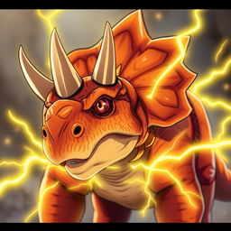 A close-up of a Triceratops with vibrant orange and yellow scales, showcasing its distinctive three horns and frill, surrounded by an aura of glowing yellow energy that represents its lightning abilities