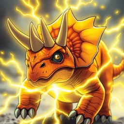 A close-up of a Triceratops with vibrant orange and yellow scales, showcasing its distinctive three horns and frill, surrounded by an aura of glowing yellow energy that represents its lightning abilities