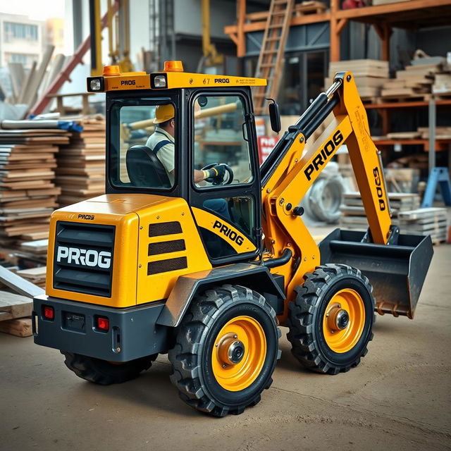 A mini wheeled loader painted in a striking gold and black color scheme, prominently featuring the word 'PROG' displayed on its side