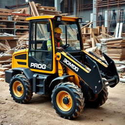 A mini wheeled loader painted in a striking gold and black color scheme, prominently featuring the word 'PROG' displayed on its side