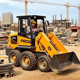 A mini wheeled loader painted in a striking gold and black color scheme, prominently featuring the word 'PROG' displayed on its side