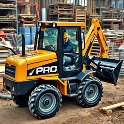 A mini wheeled loader painted in a striking gold and black color scheme, prominently featuring the word 'PROG' displayed on its side