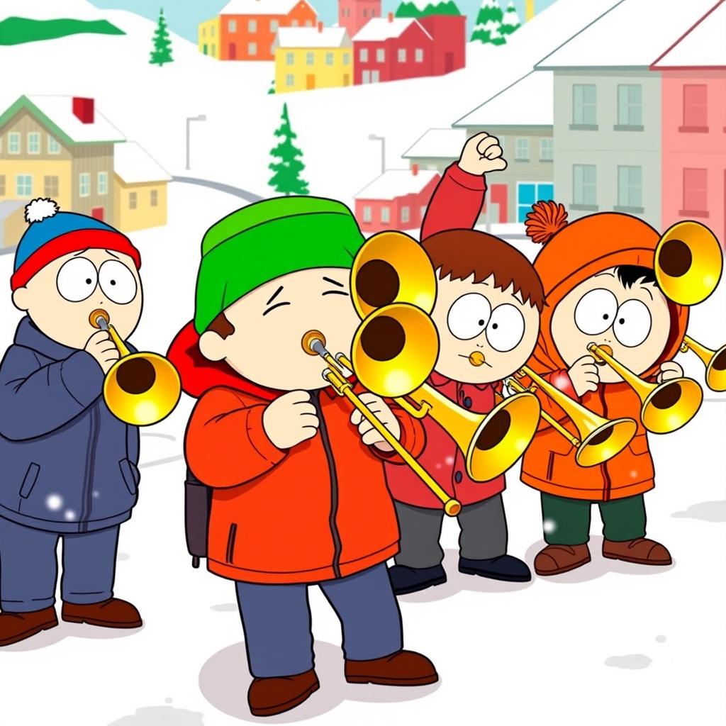 A group of cartoon boys resembling characters from South Park, enthusiastically playing trombones