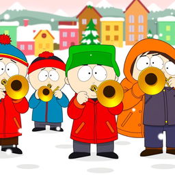 A group of cartoon boys resembling characters from South Park, enthusiastically playing trombones