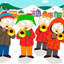 A group of cartoon boys resembling characters from South Park, enthusiastically playing trombones