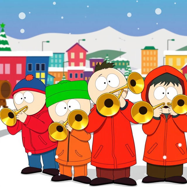 A group of cartoon boys resembling characters from South Park, enthusiastically playing trombones