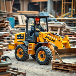 A mini wheeled loader finished in a striking gold and black color scheme, prominently featuring the word 'PROG' on its side