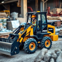 A mini wheeled loader finished in a striking gold and black color scheme, prominently featuring the word 'PROG' on its side