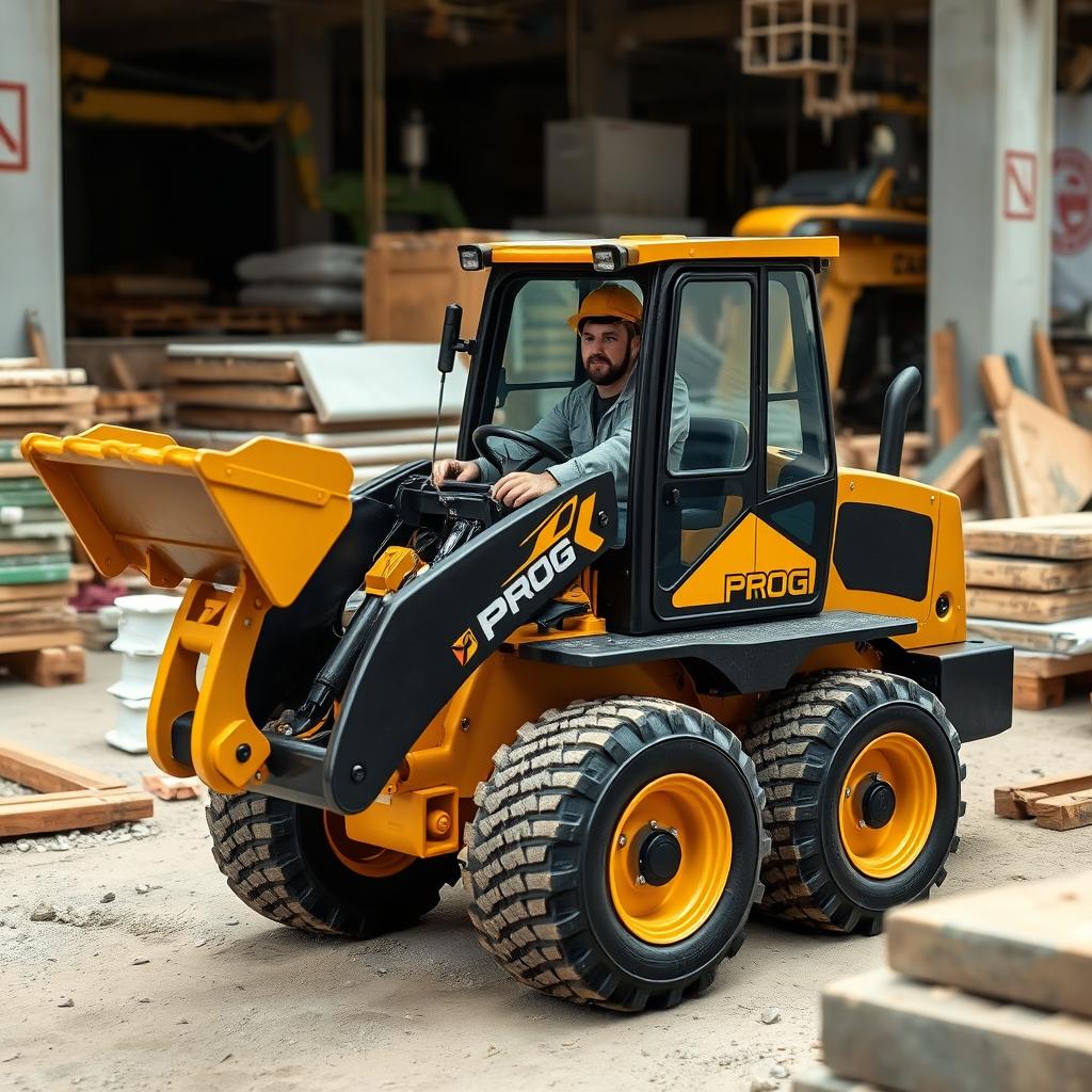 A mini wheeled loader finished in a striking gold and black color scheme, prominently featuring the word 'PROG' on its side