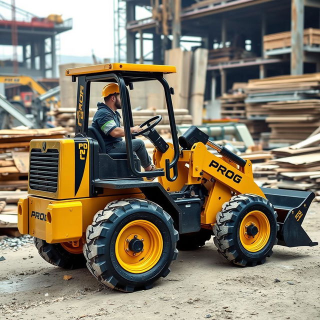 A mini wheeled loader finished in a striking gold and black color scheme, prominently featuring the word 'PROG' on its side