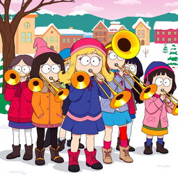A group of cartoon girls resembling characters from South Park, enthusiastically playing trombones
