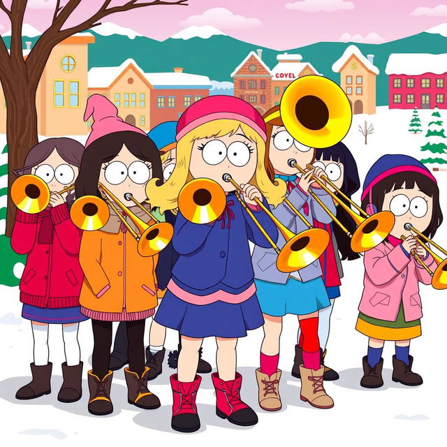 A group of cartoon girls resembling characters from South Park, enthusiastically playing trombones