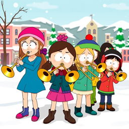 A group of cartoon girls resembling characters from South Park, enthusiastically playing trombones