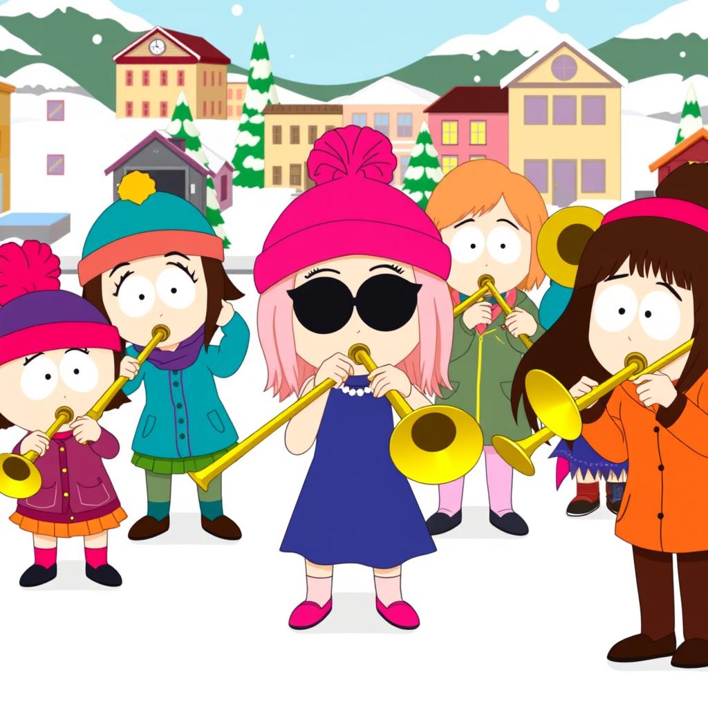 A group of cartoon girls resembling characters from South Park, enthusiastically playing trombones