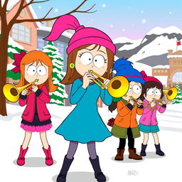 A group of cartoon girls resembling characters from South Park, enthusiastically playing trombones