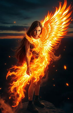 A dramatic scene showcasing a teenage girl with long brunette hair, enveloped in fiery flames, symbolizing her identity as a Phoenix
