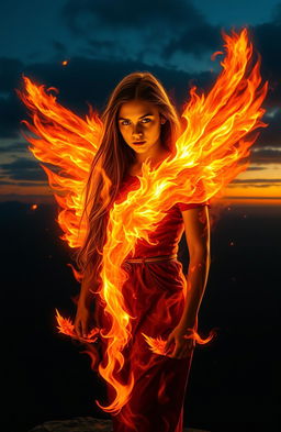 A dramatic scene showcasing a teenage girl with long brunette hair, enveloped in fiery flames, symbolizing her identity as a Phoenix