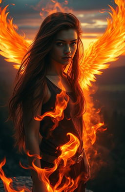 A dramatic scene showcasing a teenage girl with long brunette hair, enveloped in fiery flames, symbolizing her identity as a Phoenix