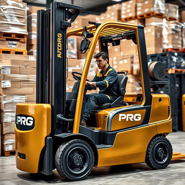 A striking battery-powered forklift painted in gold and black, prominently displaying the word 'PROG' on its side