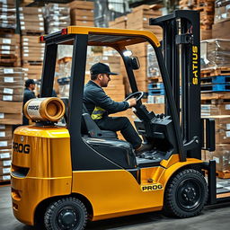A striking battery-powered forklift painted in gold and black, prominently displaying the word 'PROG' on its side