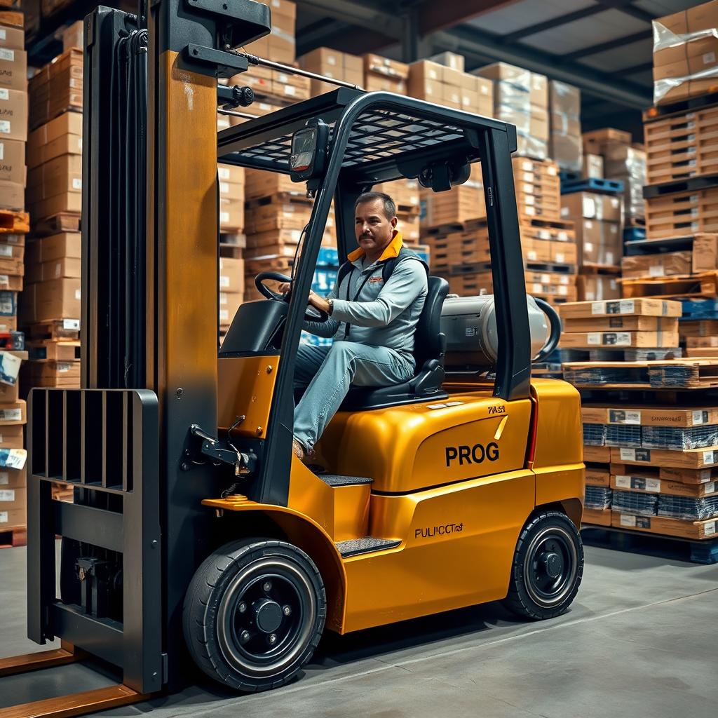 A striking battery-powered forklift painted in gold and black, prominently displaying the word 'PROG' on its side