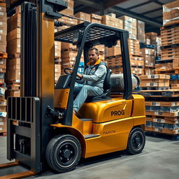 A striking battery-powered forklift painted in gold and black, prominently displaying the word 'PROG' on its side