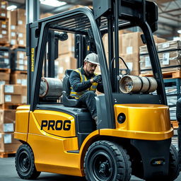 A striking battery-powered forklift painted in gold and black, prominently displaying the word 'PROG' on its side