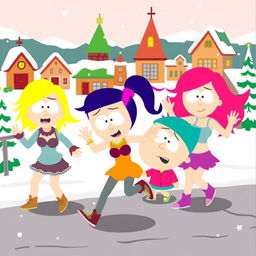 A vibrant and colorful scene inspired by the animated style of South Park, featuring a group of cartoon girls with exaggerated features and playful expressions dancing energetically