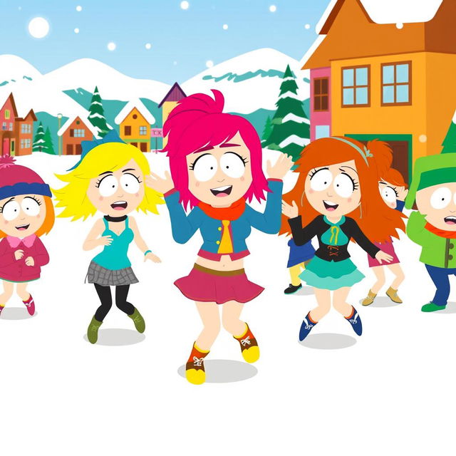 A vibrant and colorful scene inspired by the animated style of South Park, featuring a group of cartoon girls with exaggerated features and playful expressions dancing energetically