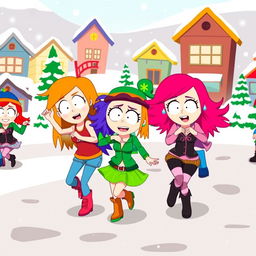 A vibrant and colorful scene inspired by the animated style of South Park, featuring a group of cartoon girls with exaggerated features and playful expressions dancing energetically